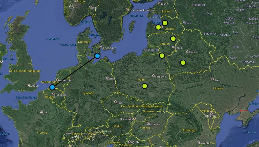 Kort over Europa: Blå cirkler viser mærknings- og genfundslokalitet på den Hollandske sølvhejre aflæst på Lolland. Grønne cirkler viser mærkningslokaliteter på de øvrige 6 sølvhejre som er aflæst i Danmark.